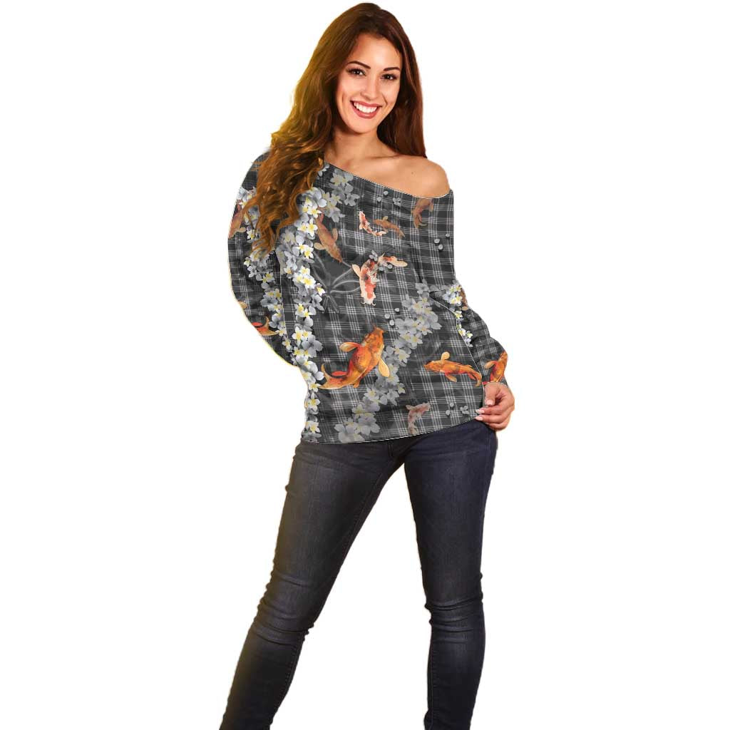 Black Palaka Hawaiian And Japanese Off Shoulder Sweater Sakura Lei With Koi Fish - Polynesian Pride