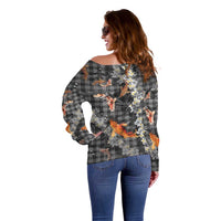 Black Palaka Hawaiian And Japanese Off Shoulder Sweater Sakura Lei With Koi Fish - Polynesian Pride