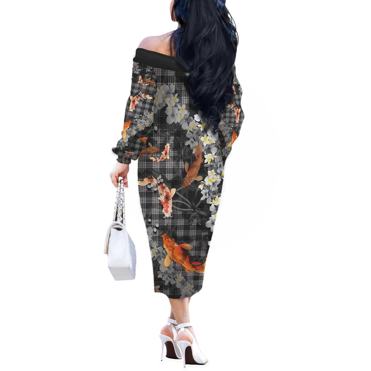 Black Palaka Hawaiian And Japanese Off The Shoulder Long Sleeve Dress Sakura Lei With Koi Fish - Polynesian Pride