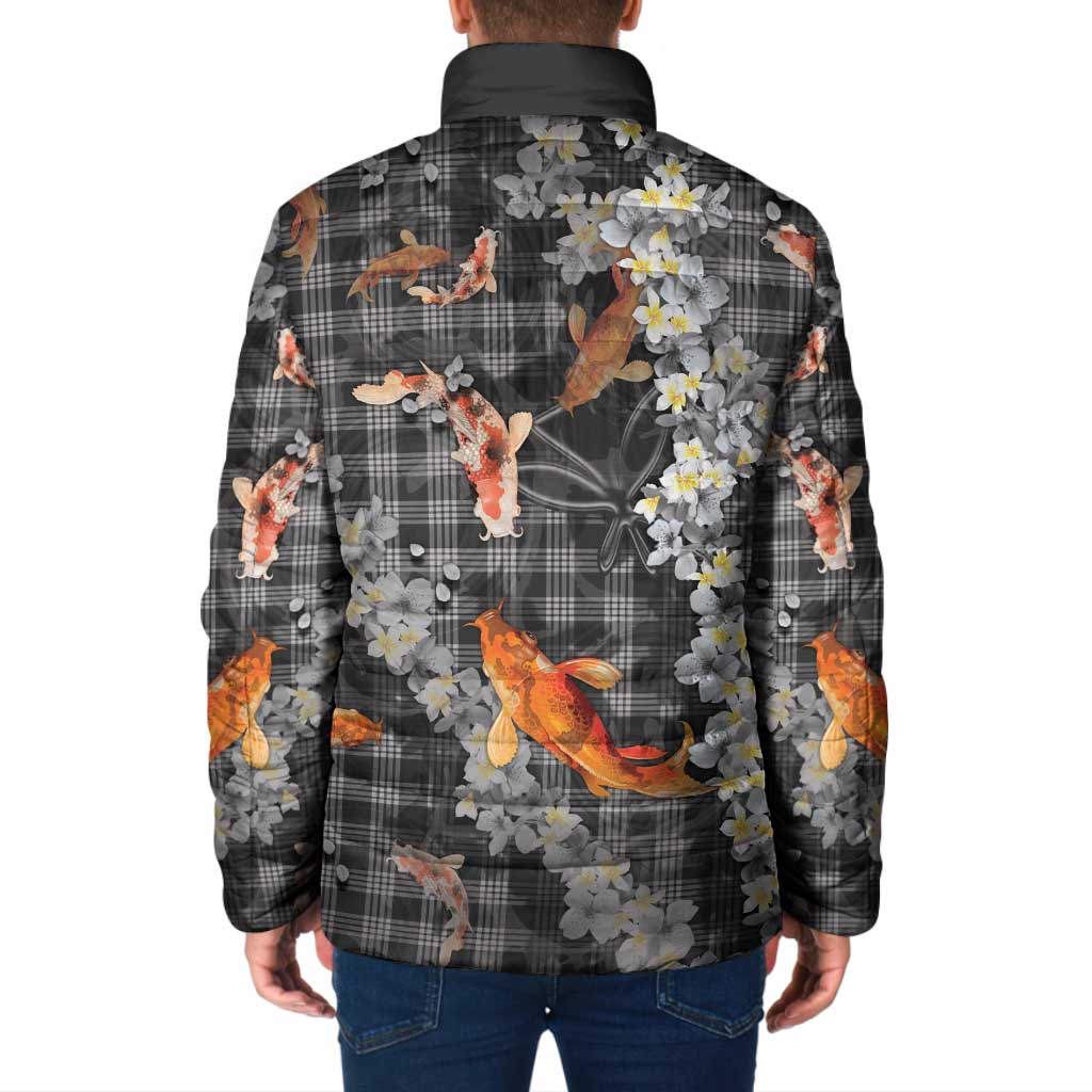 Black Palaka Hawaiian And Japanese Padded Jacket Sakura Lei With Koi Fish - Polynesian Pride