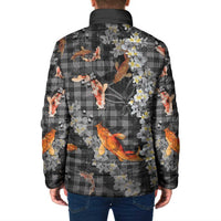 Black Palaka Hawaiian And Japanese Padded Jacket Sakura Lei With Koi Fish - Polynesian Pride