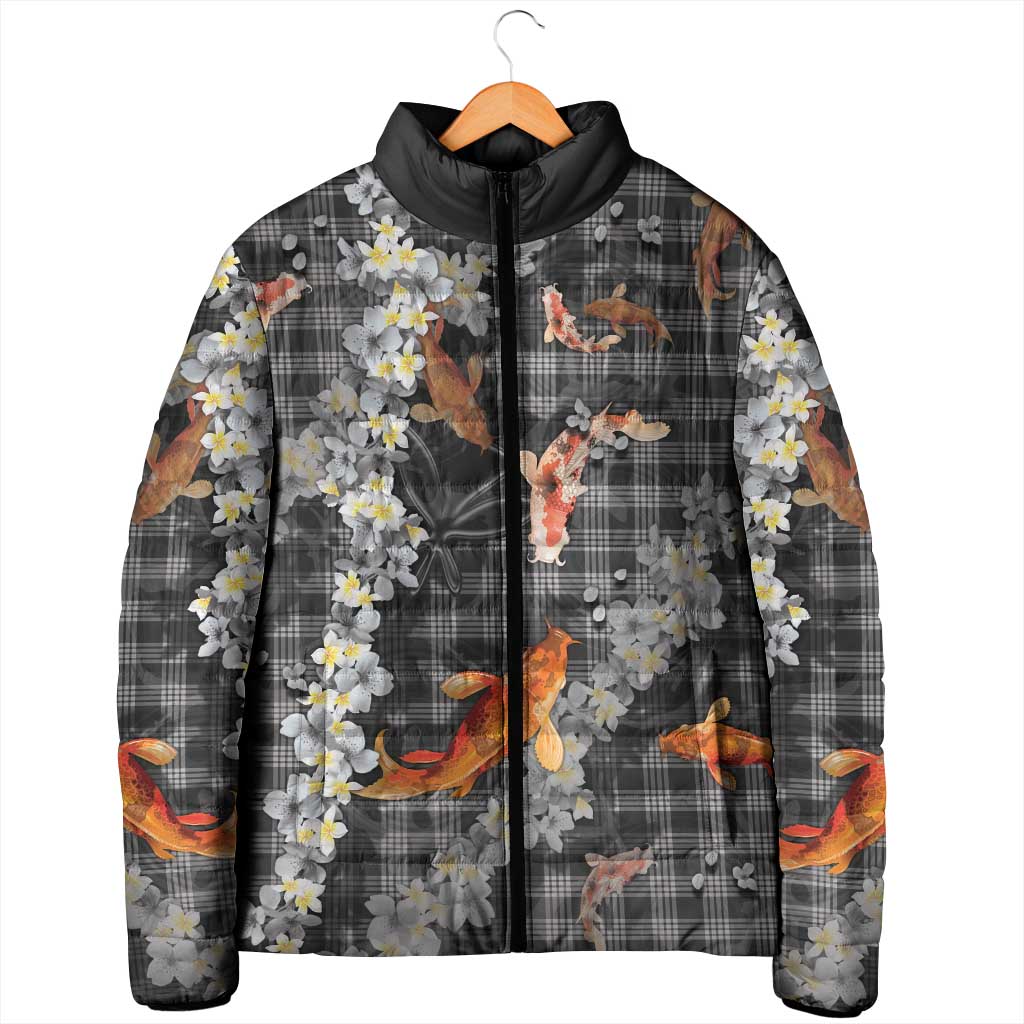 Black Palaka Hawaiian And Japanese Padded Jacket Sakura Lei With Koi Fish - Polynesian Pride