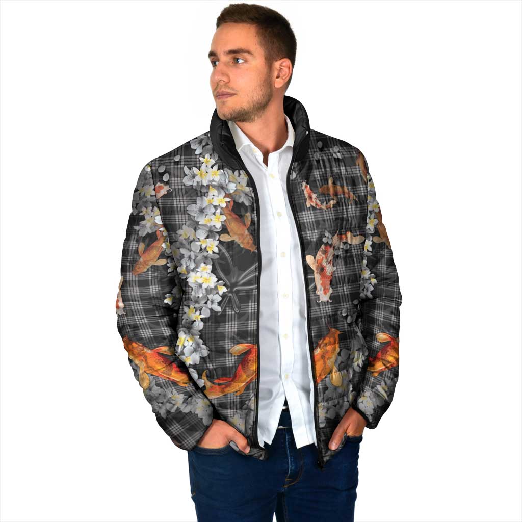 Black Palaka Hawaiian And Japanese Padded Jacket Sakura Lei With Koi Fish - Polynesian Pride