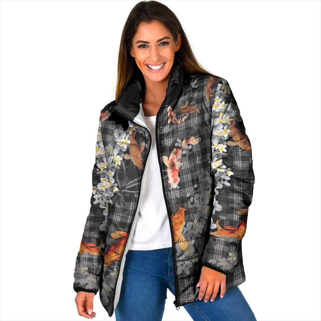 Black Palaka Hawaiian And Japanese Padded Jacket Sakura Lei With Koi Fish - Polynesian Pride