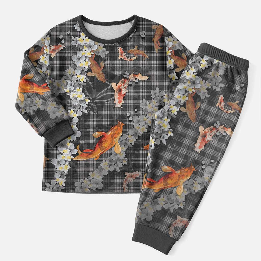 Black Palaka Hawaiian And Japanese Christmas Pajama Set Sakura Lei With Koi Fish - Polynesian Pride