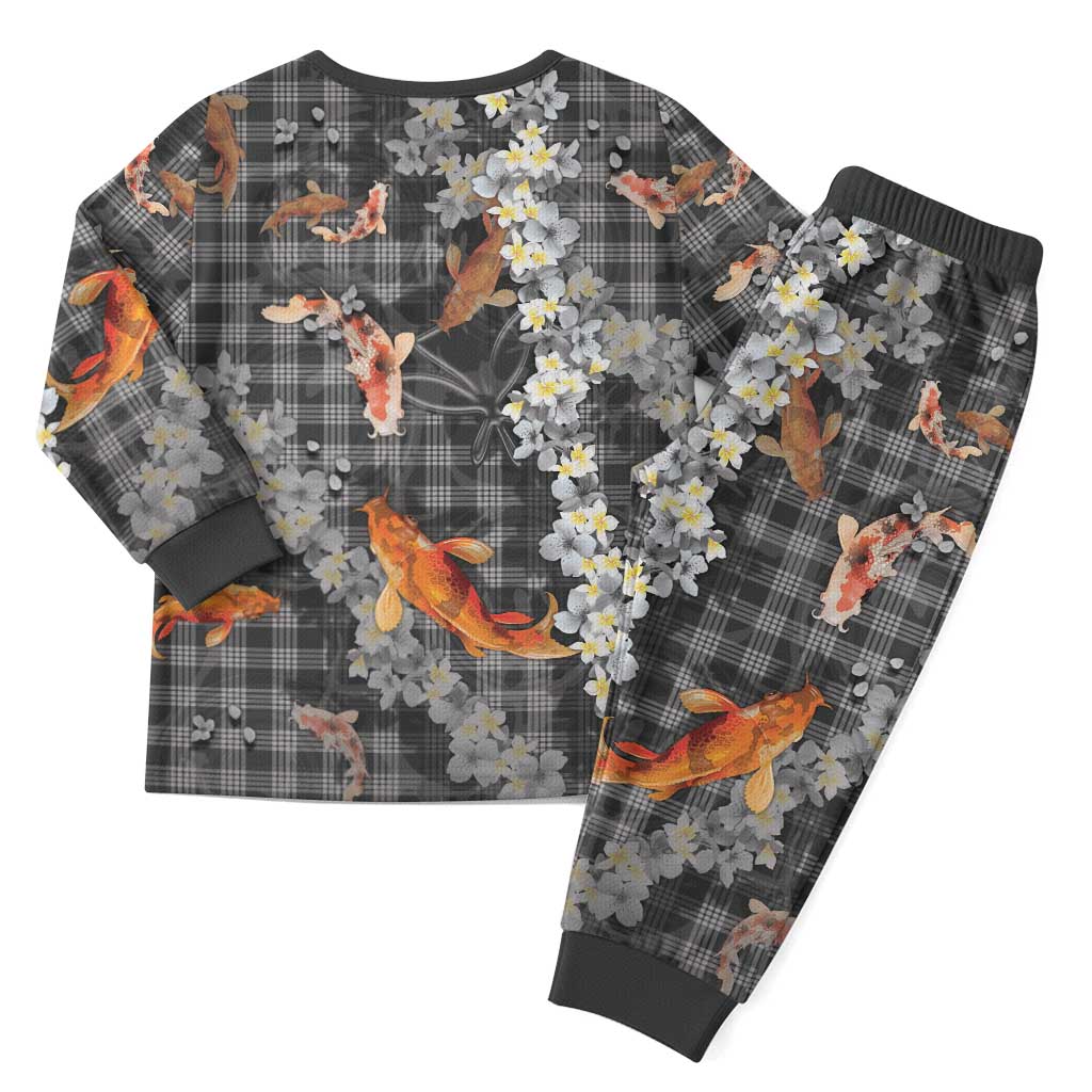 Black Palaka Hawaiian And Japanese Christmas Pajama Set Sakura Lei With Koi Fish - Polynesian Pride