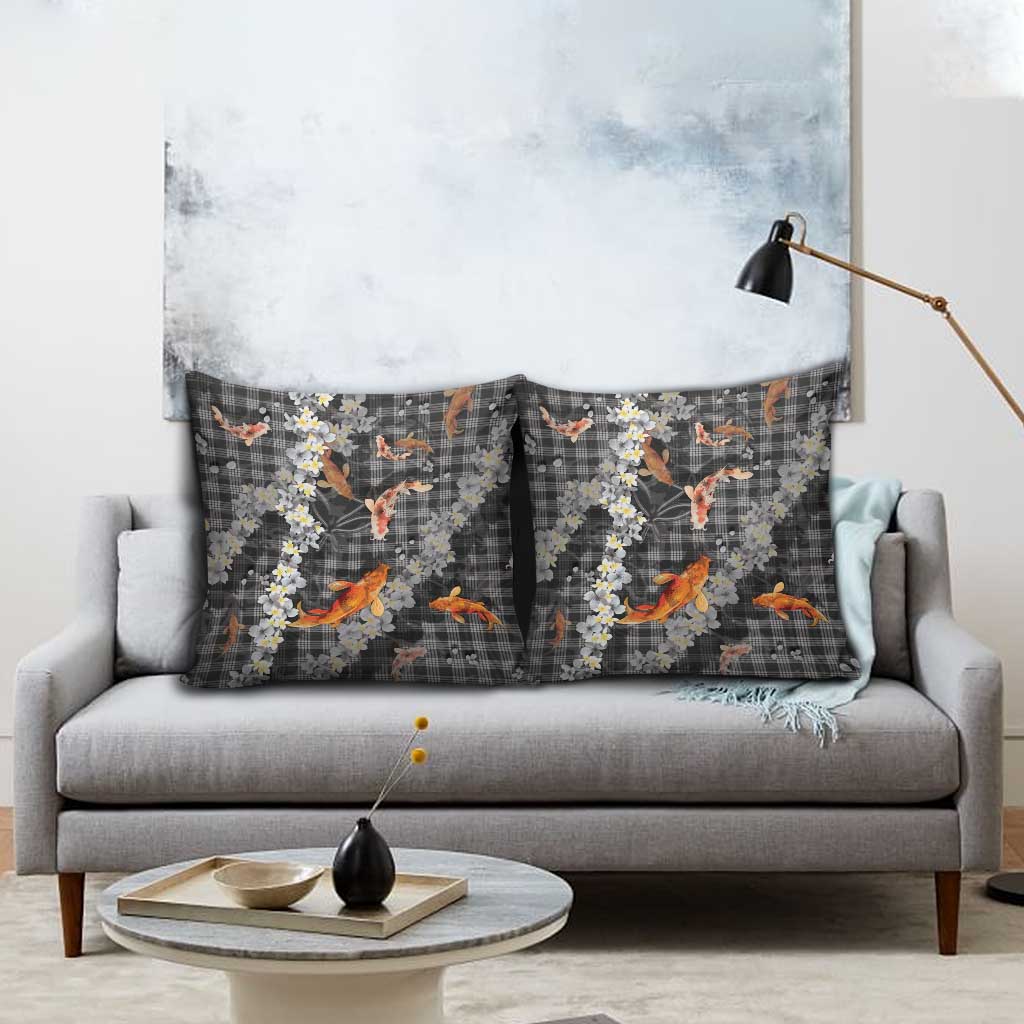 Black Palaka Hawaiian And Japanese Pillow Cover Sakura Lei With Koi Fish - Polynesian Pride