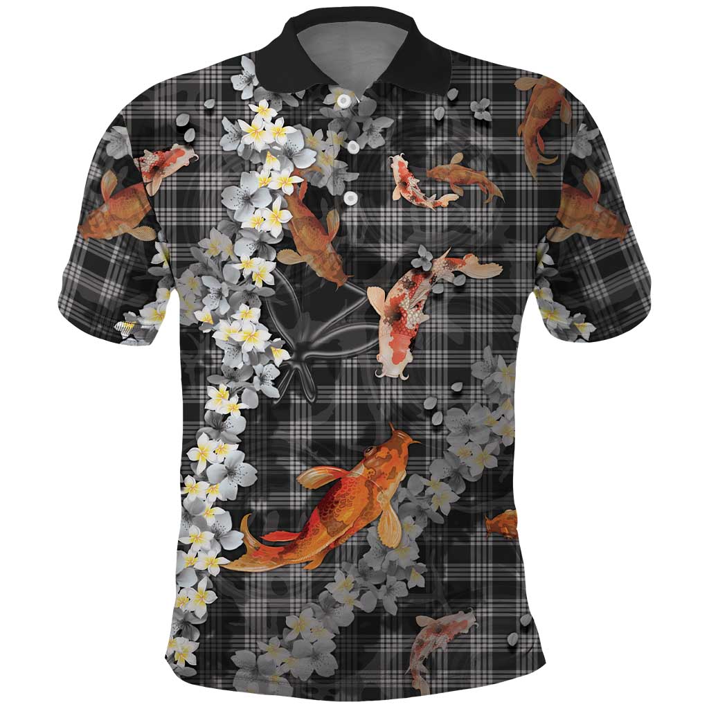Black Palaka Hawaiian And Japanese Polo Shirt Sakura Lei With Koi Fish - Polynesian Pride