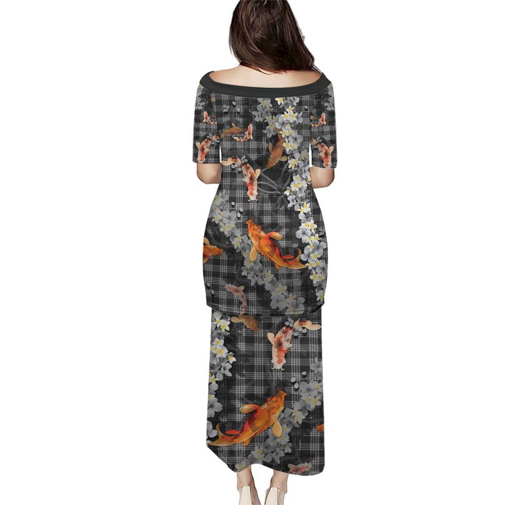 Black Palaka Hawaiian And Japanese Puletasi Sakura Lei With Koi Fish - Polynesian Pride