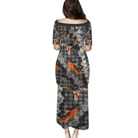 Black Palaka Hawaiian And Japanese Puletasi Sakura Lei With Koi Fish - Polynesian Pride