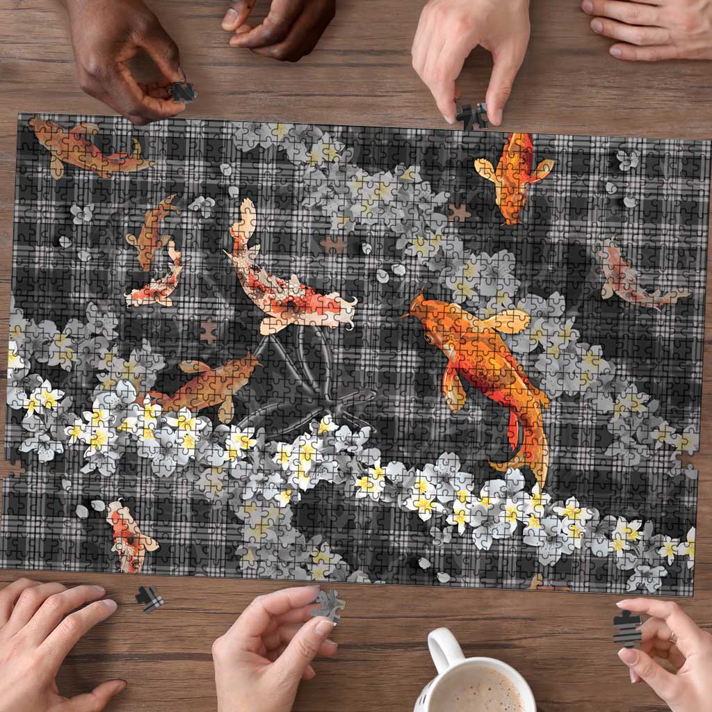 Black Palaka Hawaiian And Japanese Puzzle Sakura Lei With Koi Fish - Polynesian Pride