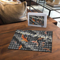 Black Palaka Hawaiian And Japanese Puzzle Sakura Lei With Koi Fish - Polynesian Pride