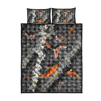Black Palaka Hawaiian And Japanese Quilt Bed Set Sakura Lei With Koi Fish - Polynesian Pride