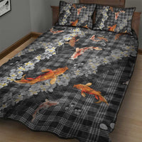 Black Palaka Hawaiian And Japanese Quilt Bed Set Sakura Lei With Koi Fish - Polynesian Pride