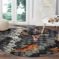 Black Palaka Hawaiian And Japanese Round Carpet Sakura Lei With Koi Fish - Polynesian Pride