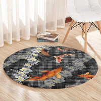 Black Palaka Hawaiian And Japanese Round Carpet Sakura Lei With Koi Fish - Polynesian Pride