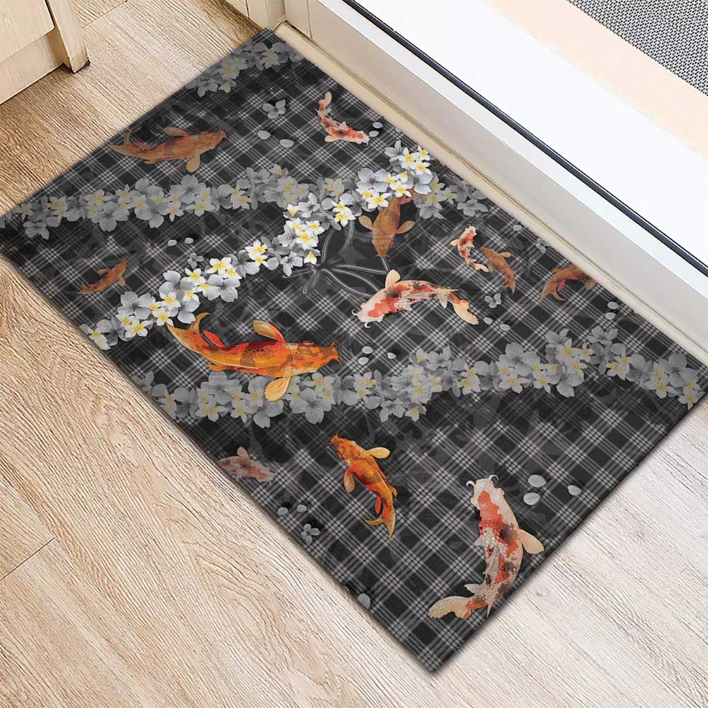 Black Palaka Hawaiian And Japanese Rubber Doormat Sakura Lei With Koi Fish - Polynesian Pride