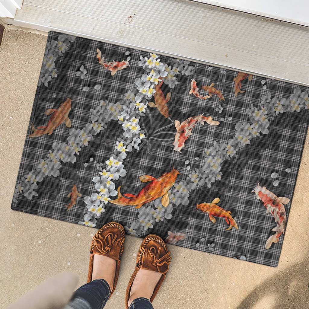 Black Palaka Hawaiian And Japanese Rubber Doormat Sakura Lei With Koi Fish - Polynesian Pride