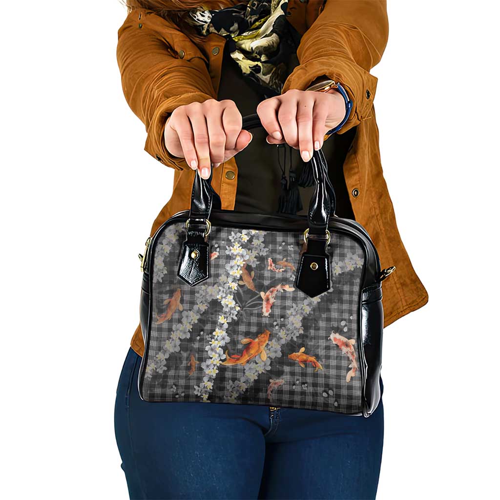 Black Palaka Hawaiian And Japanese Shoulder Handbag Sakura Lei With Koi Fish - Polynesian Pride