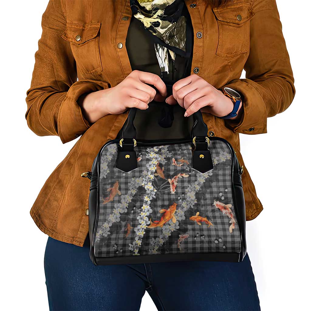 Black Palaka Hawaiian And Japanese Shoulder Handbag Sakura Lei With Koi Fish - Polynesian Pride