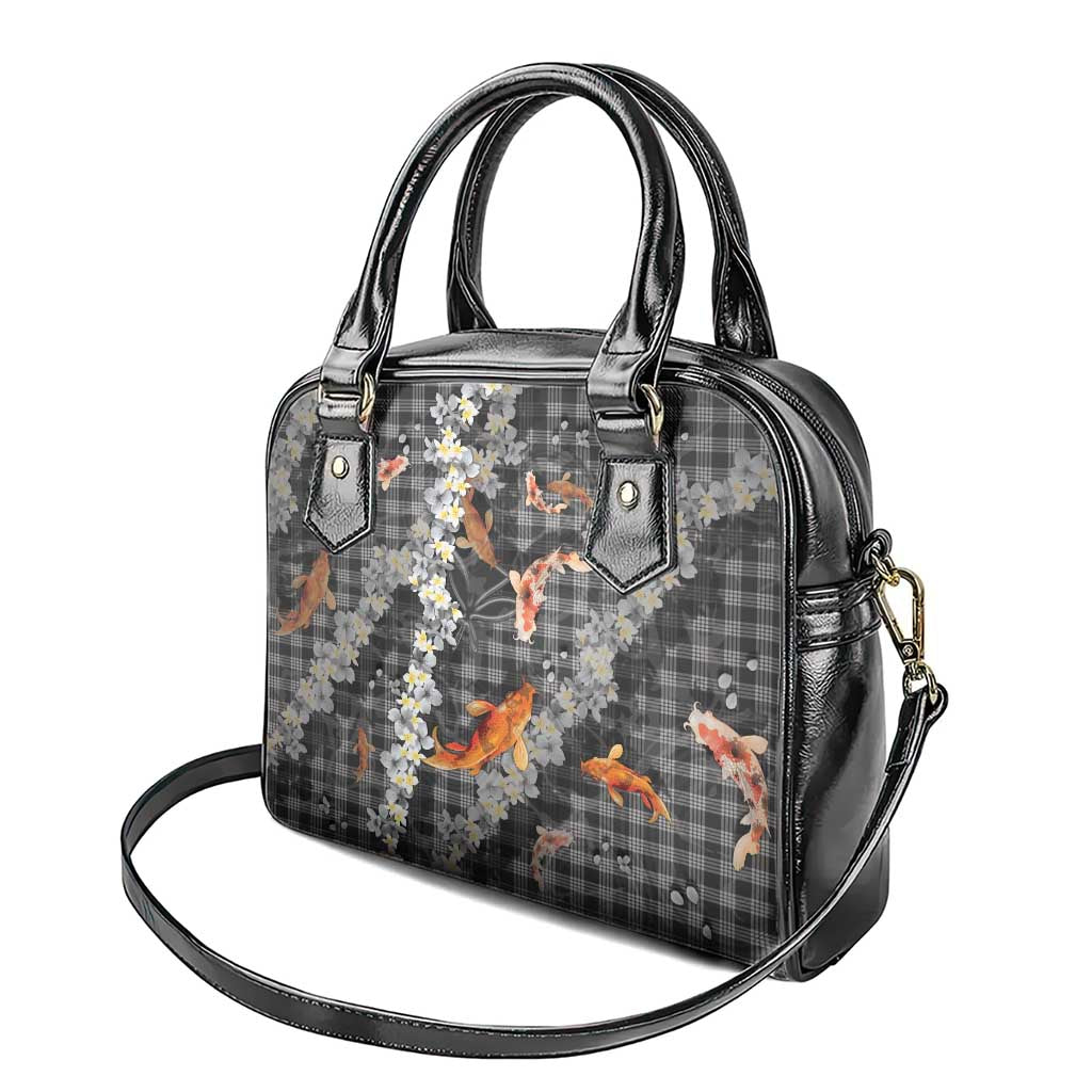 Black Palaka Hawaiian And Japanese Shoulder Handbag Sakura Lei With Koi Fish - Polynesian Pride