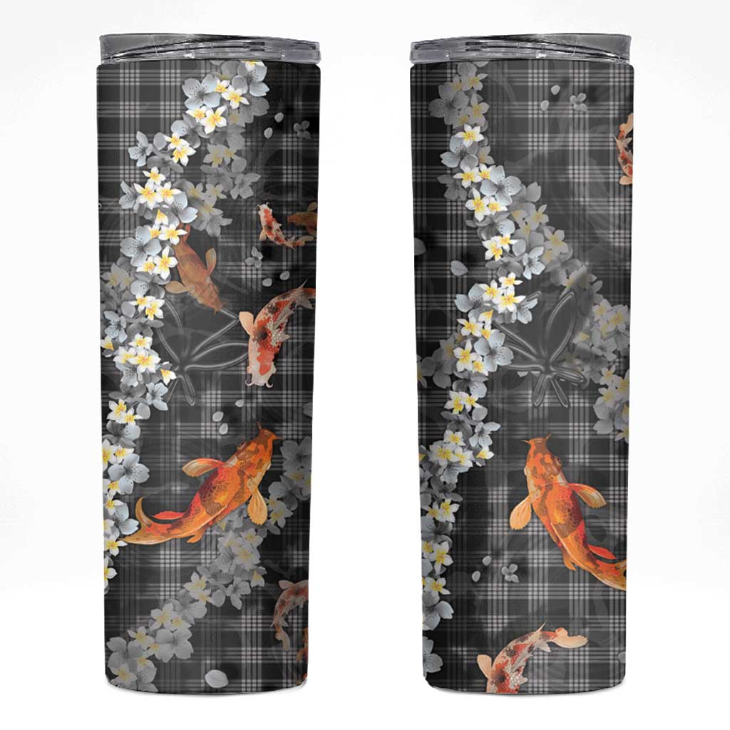 Black Palaka Hawaiian And Japanese Skinny Tumbler Sakura Lei With Koi Fish - Polynesian Pride