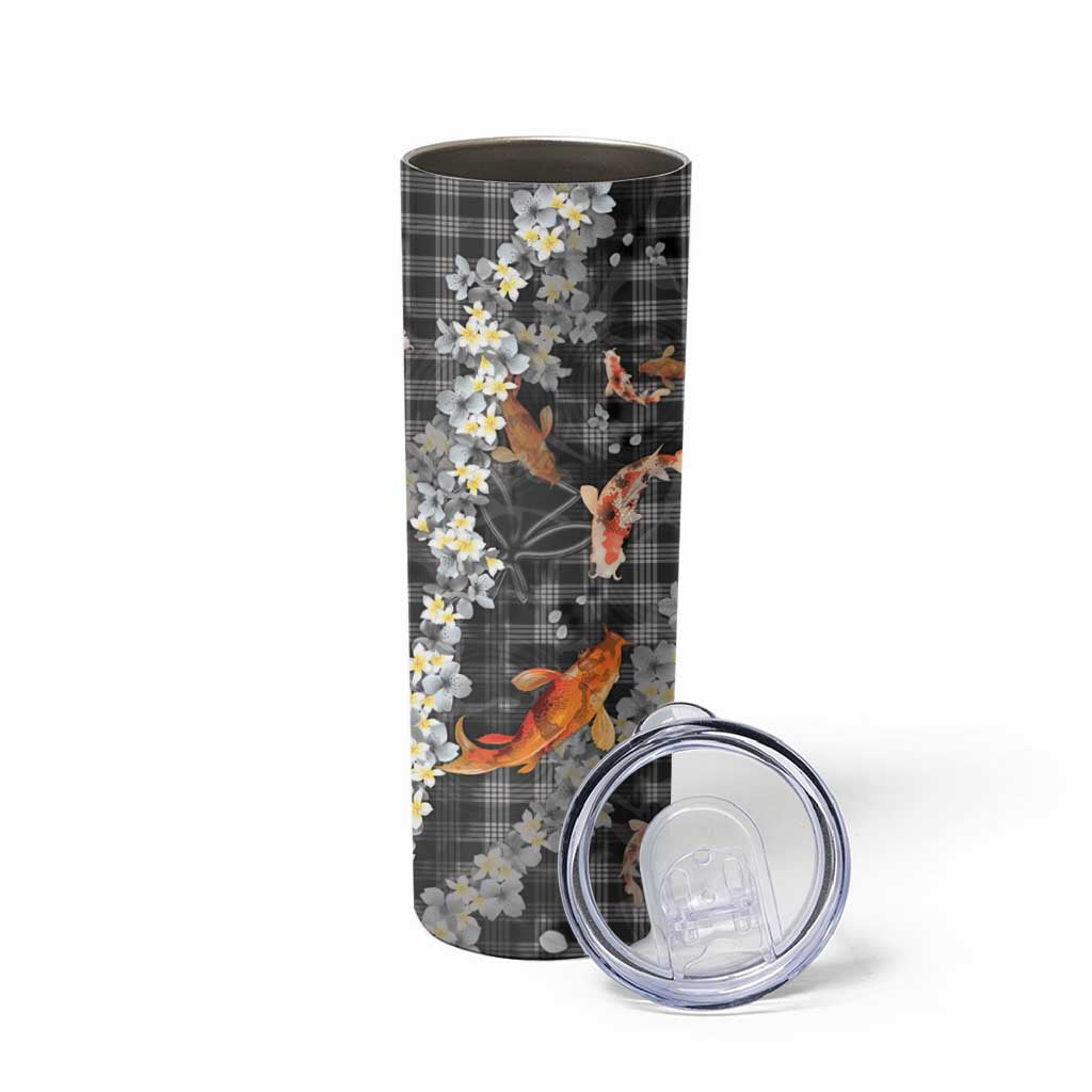 Black Palaka Hawaiian And Japanese Skinny Tumbler Sakura Lei With Koi Fish DT05 - Polynesian Pride