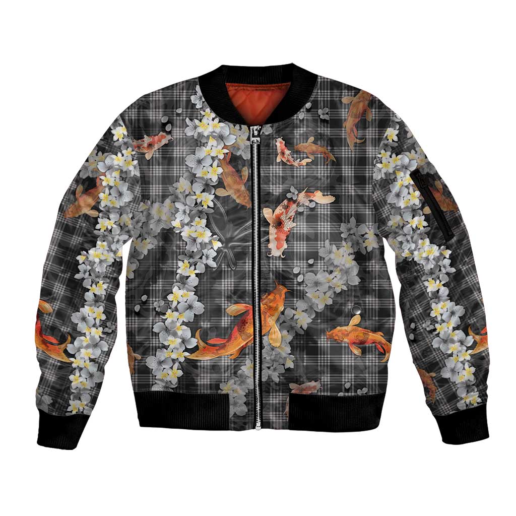 Black Palaka Hawaiian And Japanese Sleeve Zip Bomber Jacket Sakura Lei With Koi Fish - Polynesian Pride