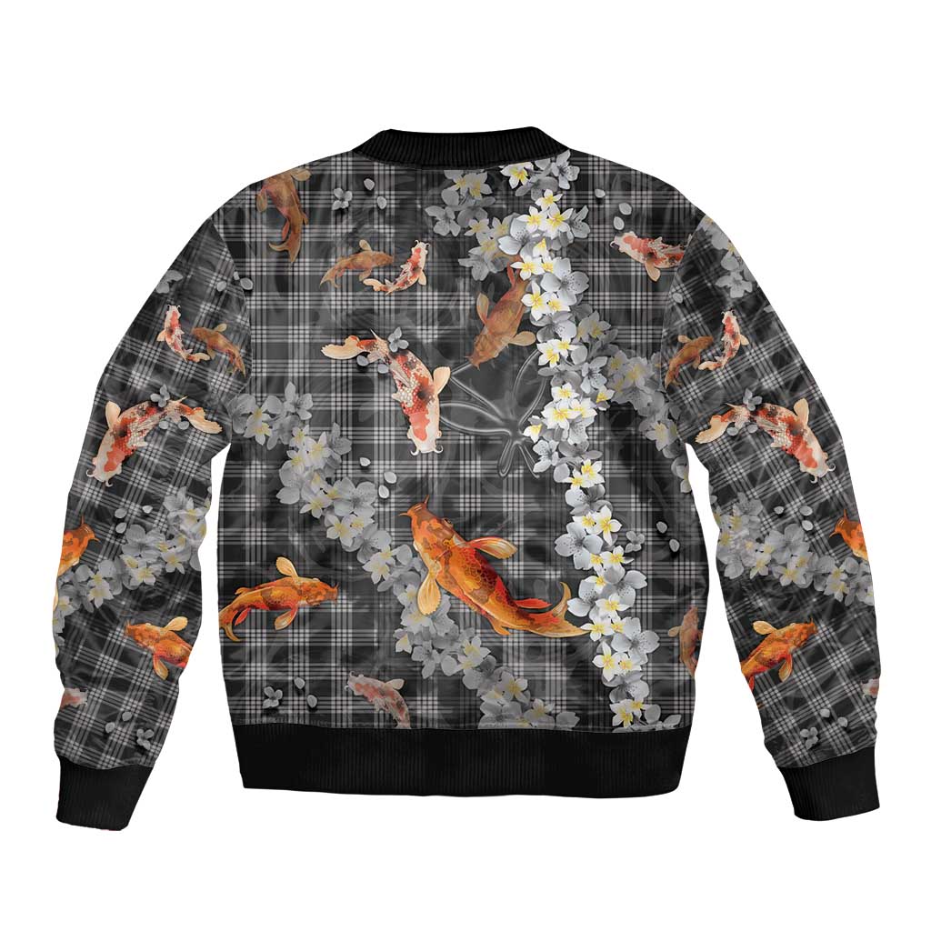Black Palaka Hawaiian And Japanese Sleeve Zip Bomber Jacket Sakura Lei With Koi Fish - Polynesian Pride