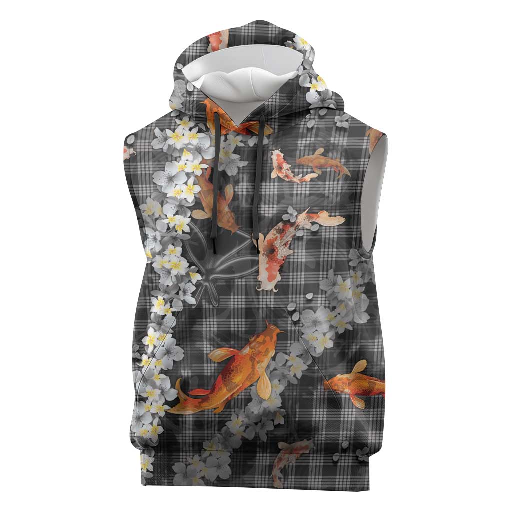 Black Palaka Hawaiian And Japanese Sleeveless Hoodie Sakura Lei With Koi Fish - Polynesian Pride
