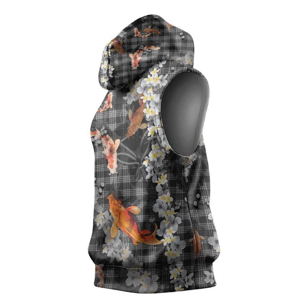 Black Palaka Hawaiian And Japanese Sleeveless Hoodie Sakura Lei With Koi Fish - Polynesian Pride