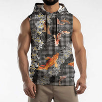 Black Palaka Hawaiian And Japanese Sleeveless Hoodie Sakura Lei With Koi Fish - Polynesian Pride