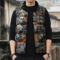 Black Palaka Hawaiian And Japanese Sleeveless Puffer Jacket Sakura Lei With Koi Fish - Polynesian Pride