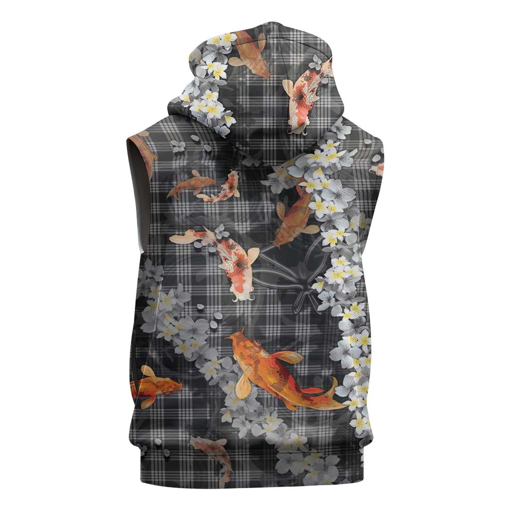 Black Palaka Hawaiian And Japanese Sleeveless Zip Hoodie Sakura Lei With Koi Fish - Polynesian Pride