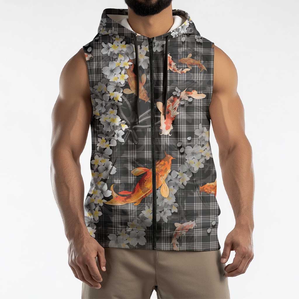 Black Palaka Hawaiian And Japanese Sleeveless Zip Hoodie Sakura Lei With Koi Fish - Polynesian Pride