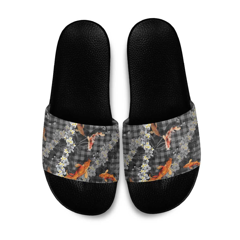 Black Palaka Hawaiian And Japanese Slide Sandals Sakura Lei With Koi Fish - Polynesian Pride