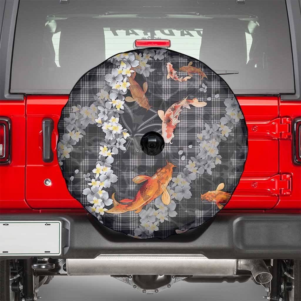 Black Palaka Hawaiian And Japanese Spare Tire Cover Sakura Lei With Koi Fish - Polynesian Pride
