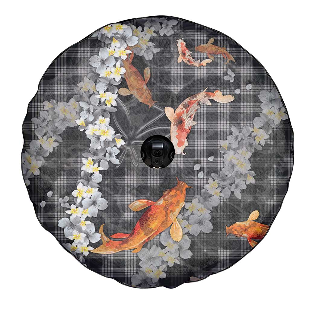 Black Palaka Hawaiian And Japanese Spare Tire Cover Sakura Lei With Koi Fish - Polynesian Pride