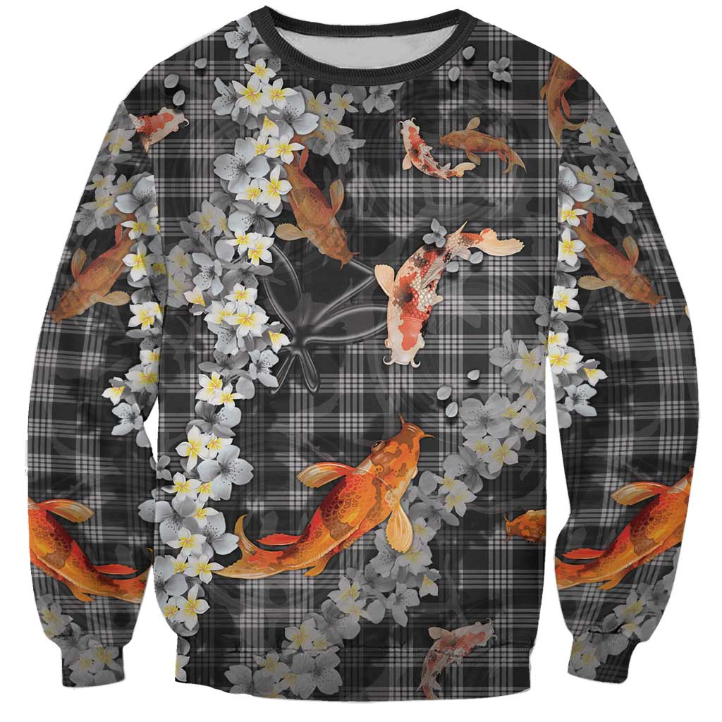 Black Palaka Hawaiian And Japanese Sweatshirt Sakura Lei With Koi Fish - Polynesian Pride
