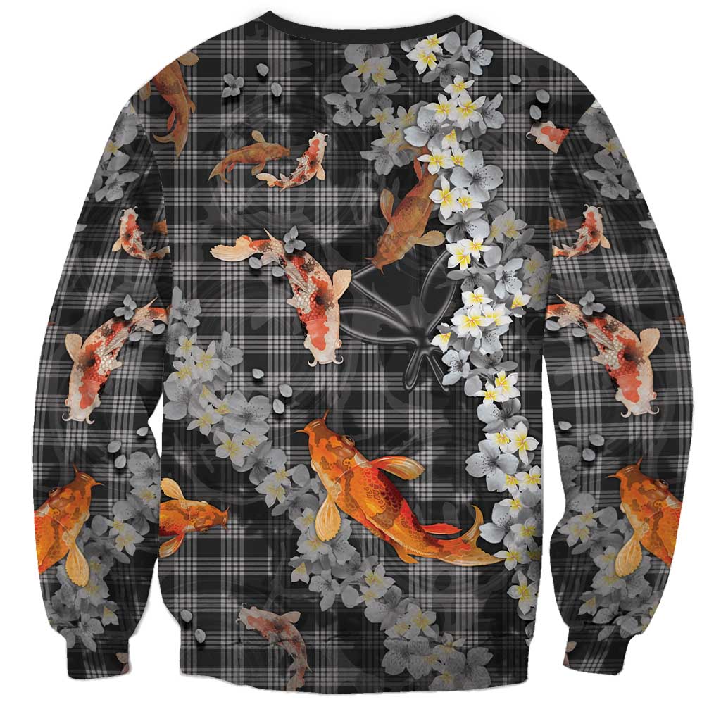 Black Palaka Hawaiian And Japanese Sweatshirt Sakura Lei With Koi Fish - Polynesian Pride