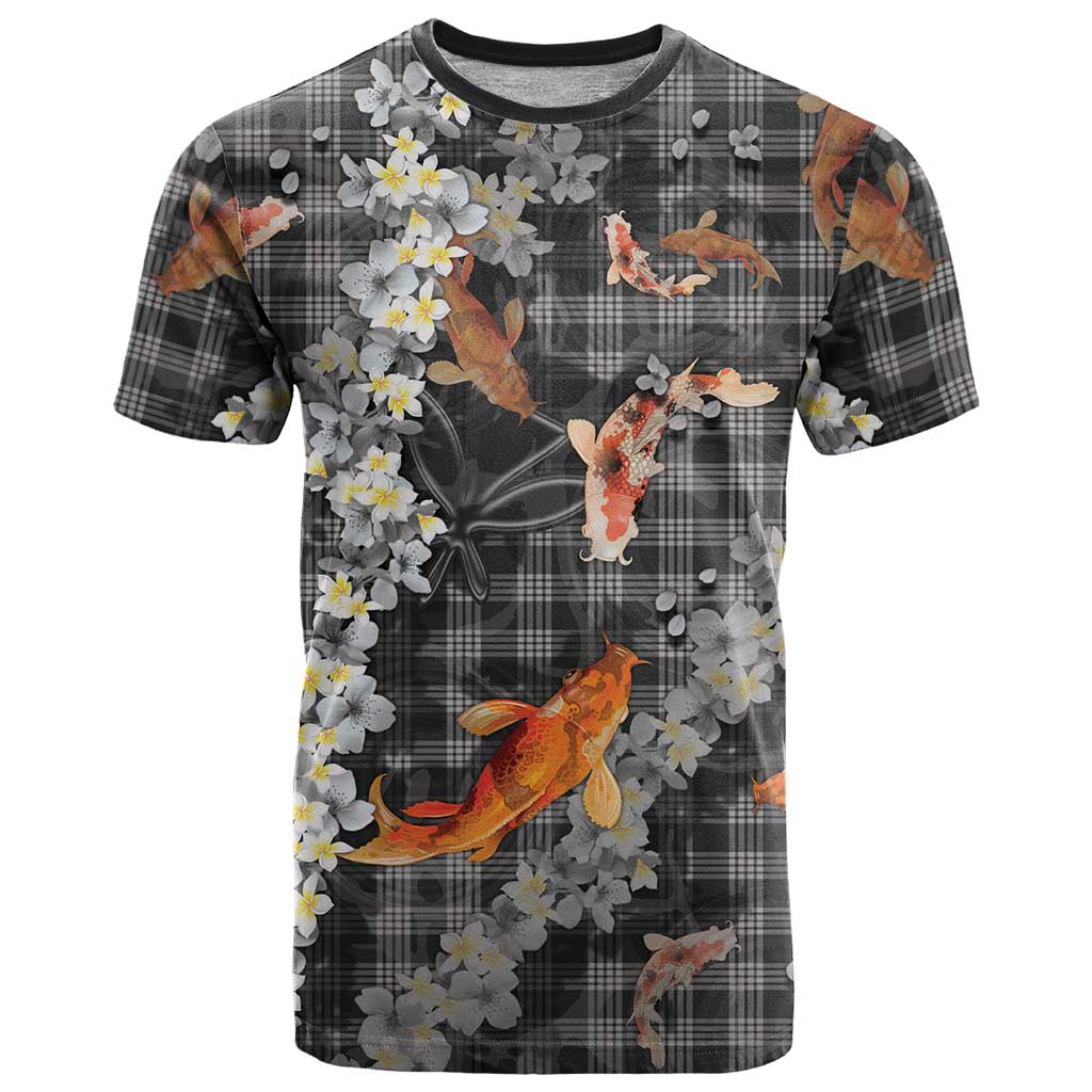 Black Palaka Hawaiian And Japanese T Shirt Sakura Lei With Koi Fish - Polynesian Pride