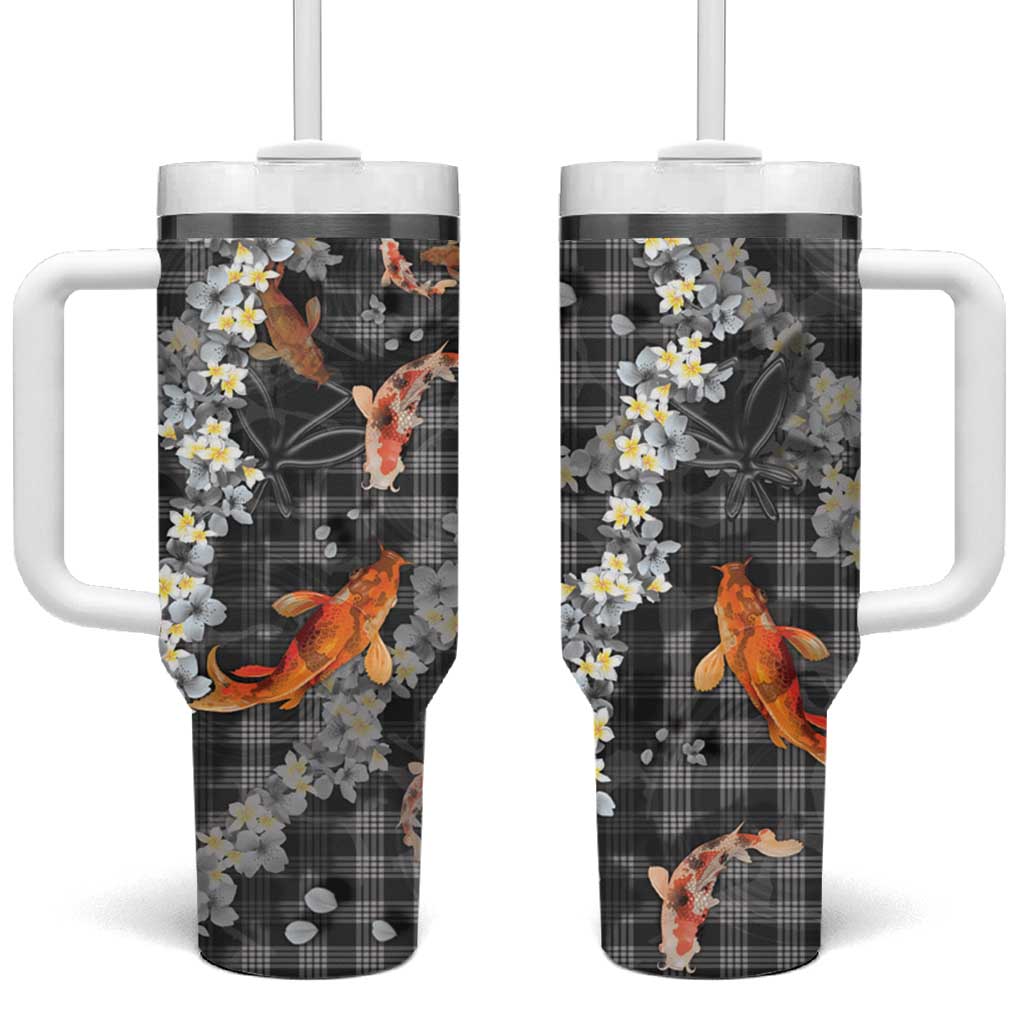 Black Palaka Hawaiian And Japanese Tumbler With Handle Sakura Lei With Koi Fish DT05 One Size: 40 oz Black - Polynesian Pride