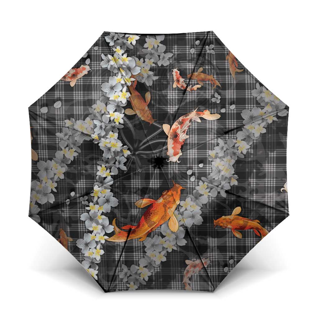 Black Palaka Hawaiian And Japanese Umbrella Sakura Lei With Koi Fish DT05 One Size Folded 11.42 inch Opened Diameter 37.4 inch Black - Polynesian Pride