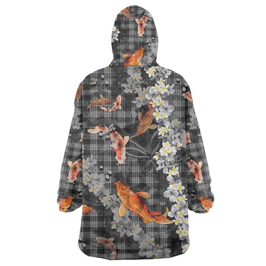 Black Palaka Hawaiian And Japanese Wearable Blanket Hoodie Sakura Lei With Koi Fish - Polynesian Pride