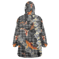Black Palaka Hawaiian And Japanese Wearable Blanket Hoodie Sakura Lei With Koi Fish - Polynesian Pride