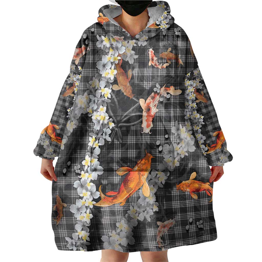 Black Palaka Hawaiian And Japanese Wearable Blanket Hoodie Sakura Lei With Koi Fish - Polynesian Pride