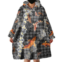 Black Palaka Hawaiian And Japanese Wearable Blanket Hoodie Sakura Lei With Koi Fish - Polynesian Pride