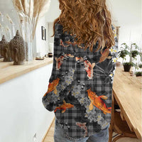 Black Palaka Hawaiian And Japanese Women Casual Shirt Sakura Lei With Koi Fish - Polynesian Pride