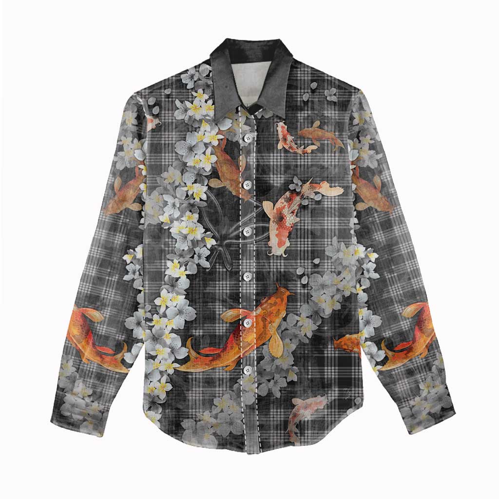 Black Palaka Hawaiian And Japanese Women Casual Shirt Sakura Lei With Koi Fish - Polynesian Pride