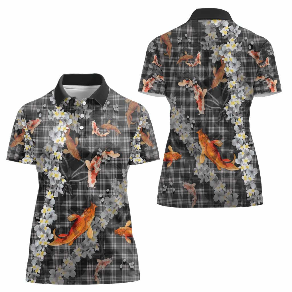 Black Palaka Hawaiian And Japanese Women Polo Shirt Sakura Lei With Koi Fish - Polynesian Pride